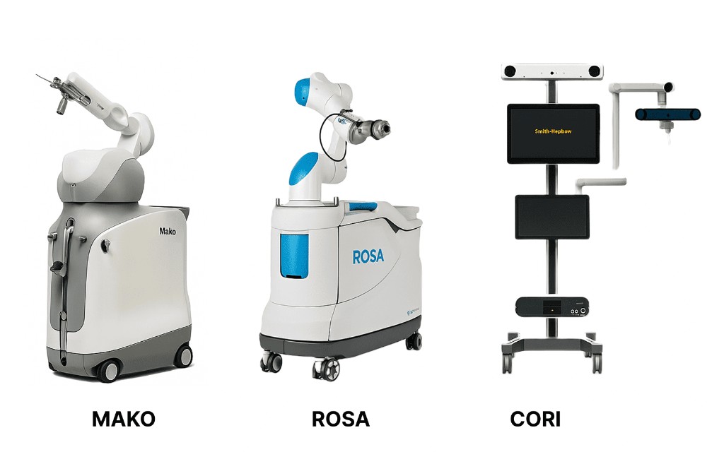 Mako, ROSA, and CORI robotic joint replacement systems